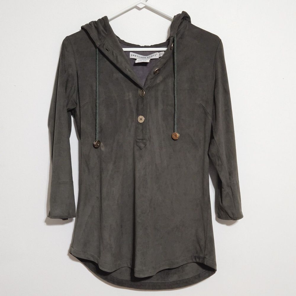 Gretchen Scott Womens Sz XS‎ Hooded Pullover Faux Suede Hoodie Soft Green